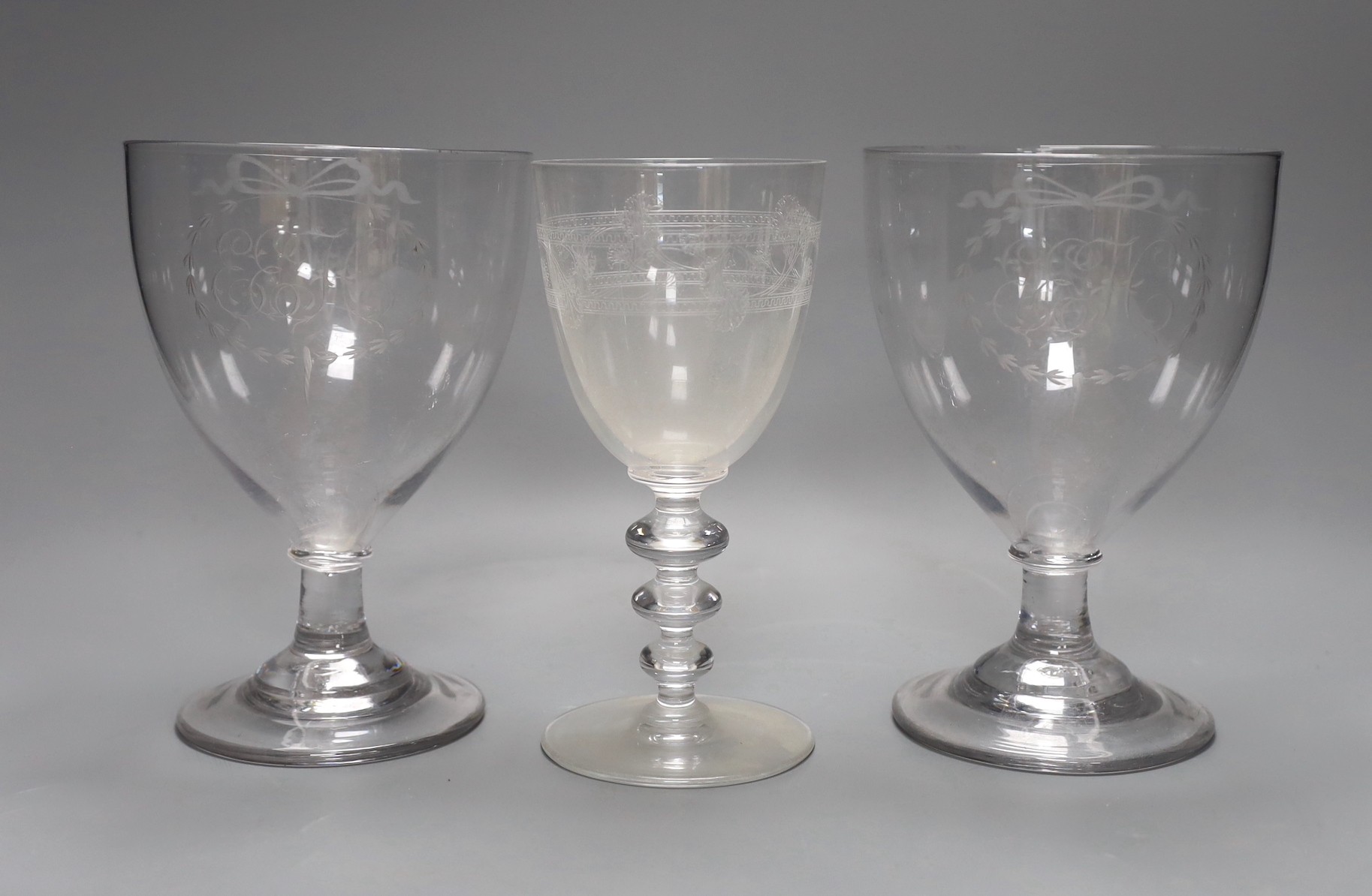 A pair of late Georgian large presentation glass Rummers, initialled EEH and a 20th century glass goblet, rummers 20.5 cms high